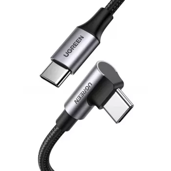 USB-C-naar-USB-C-kabel UGREEN 70643, USB 2.0, 1 m, 5 A, 480 Mbit/s, TPE-behuizing, rechte naar haakse stekker, zwart/grijs