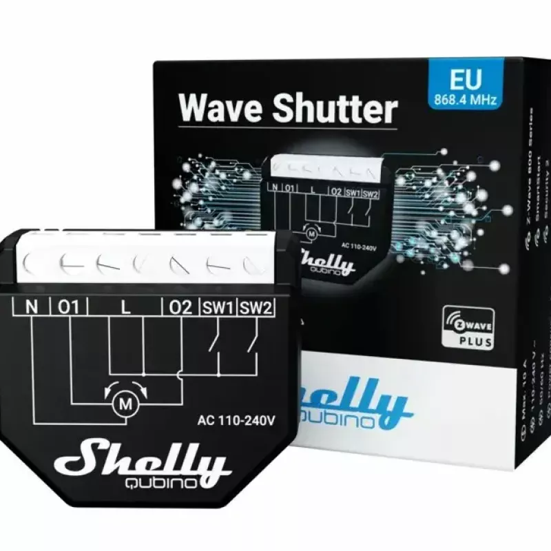 Slim relais Shelly Wave Shutter zwart 10 A 110–230 V, max. bereik 40 m, 25 dBmW