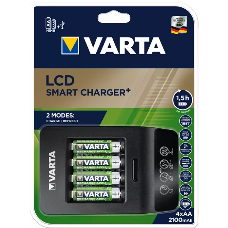 VARTA LCD Smart Charger+ met 4 AA-batterijen 2100 mAh