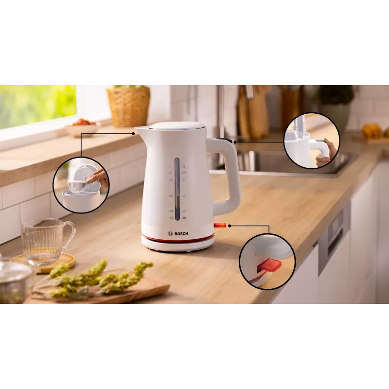 Elektrische waterkoker Bosch TWK3M121 — 1,7 L, 2400 W, wit, kunststof behuizing