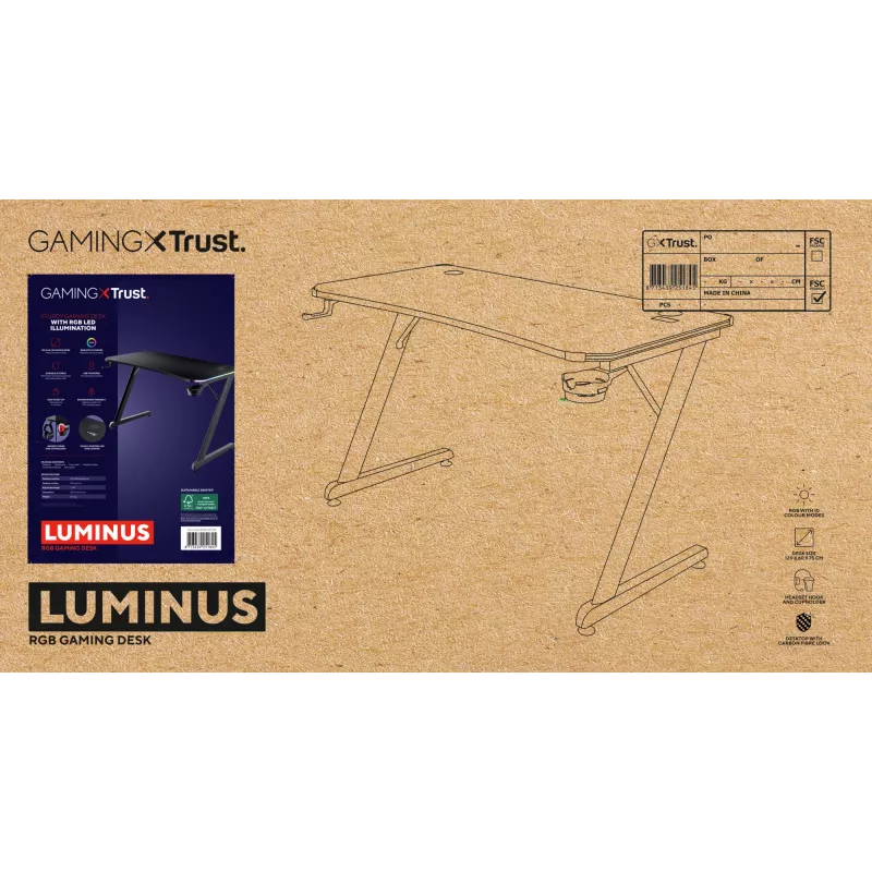 Rechthoekige tafel TRUST GXT 709 LUMINUS zwart 1200x600x740 mm