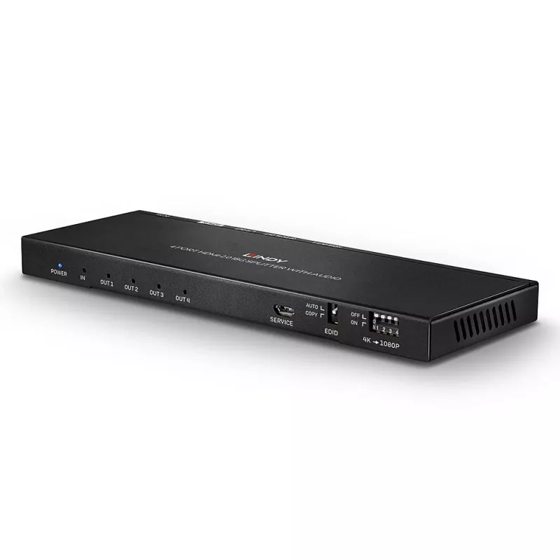 Lindy 4-poorts HDMI 18G splitter met audio en downscaling