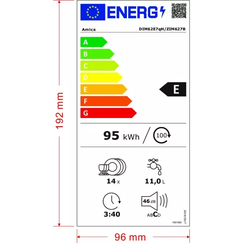 Halfintegreerbare vaatwasser AMICA DIM62E7qH — 14 couverts, 60 cm, LED-touchdisplay, 7 programma's, wit