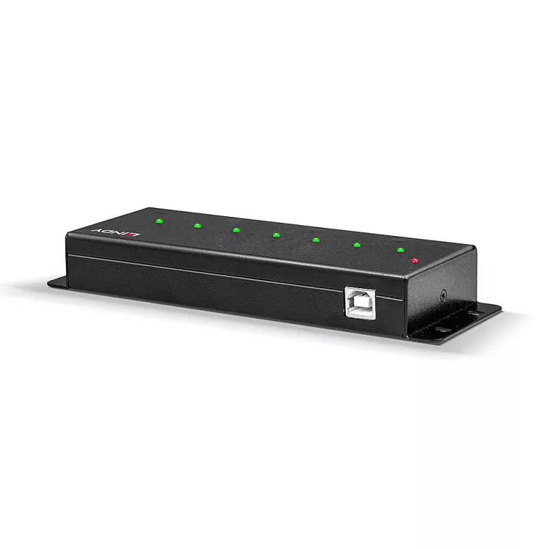 Lindy 42794 industriële metalen USB 2.0-hub met 7 poorten, 480 Mbit/s, montagebeugels, externe voeding, zwart
