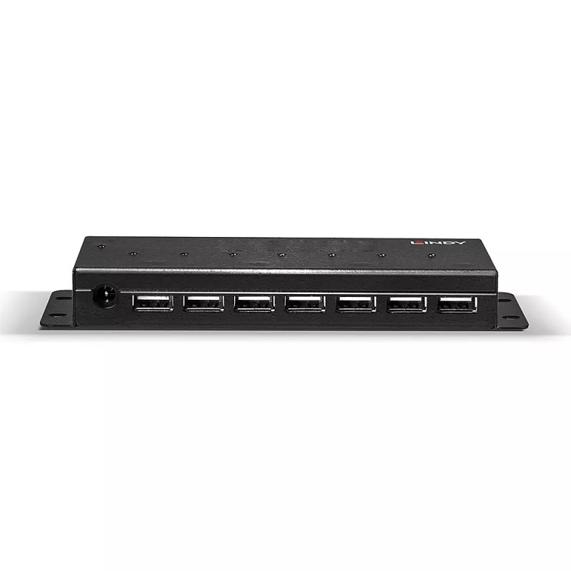 Lindy 42794 industriële metalen USB 2.0-hub met 7 poorten, 480 Mbit/s, montagebeugels, externe voeding, zwart