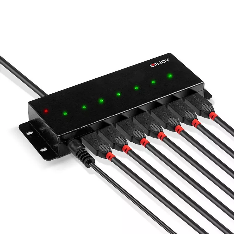 Lindy 42794 industriële metalen USB 2.0-hub met 7 poorten, 480 Mbit/s, montagebeugels, externe voeding, zwart