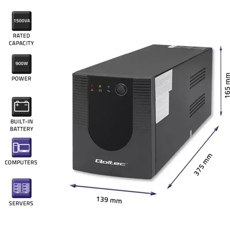 Qoltec UPS 53776 line-interactive 1,5 kVA 900 W 4 AC-uitgangen
