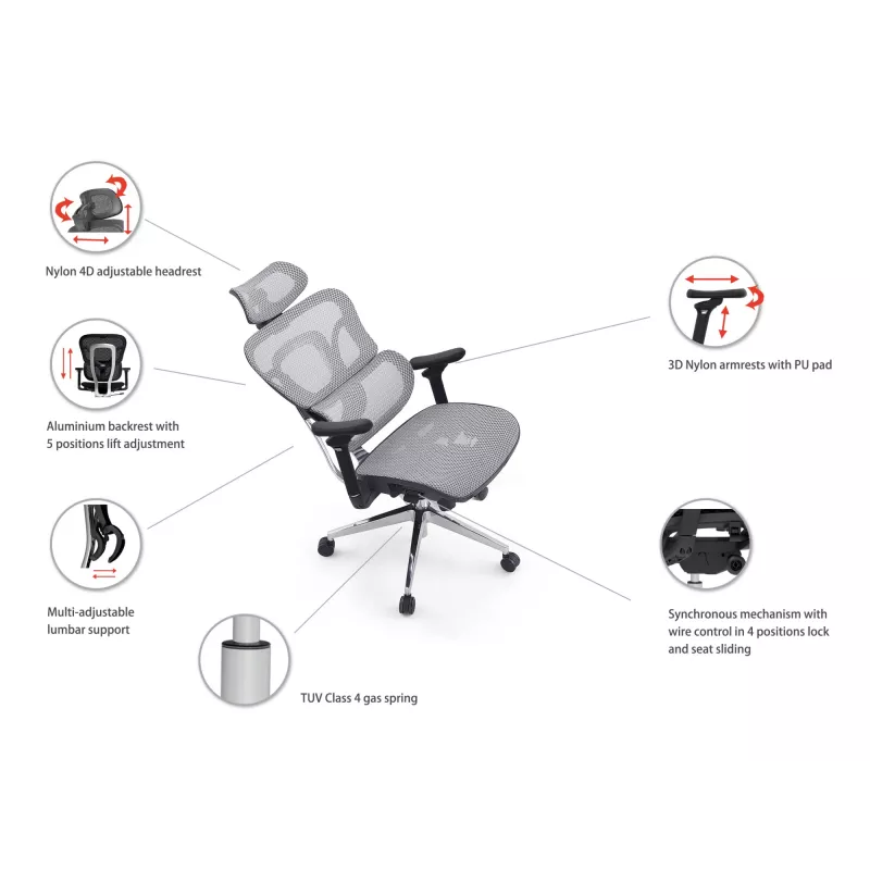 Equip ergonomische premium bureaustoel met hoofdsteun en armleuningen, blauw zwart