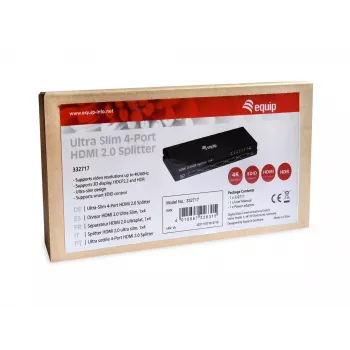 Equip ultra slanke 4-poorts HDMI 2.0 splitter, HDMI, 4x HDMI, 3840 x 2160 pixel, zwart, aluminium, 4K Ultra HD