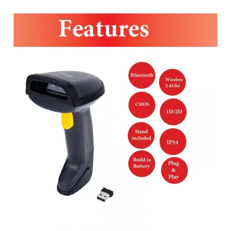 Equip draadloze 2D dual-mode 2,4GHz + Bluetooth barcodescanner, met standaard