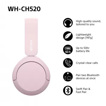 Sony WHCH520P.CE7, draadloos, 20 - 20000 Hz, bellen/muziek, 147 g, headset, roze