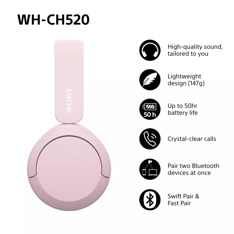 Sony WHCH520P.CE7, draadloos, 20 - 20000 Hz, bellen/muziek, 147 g, headset, roze