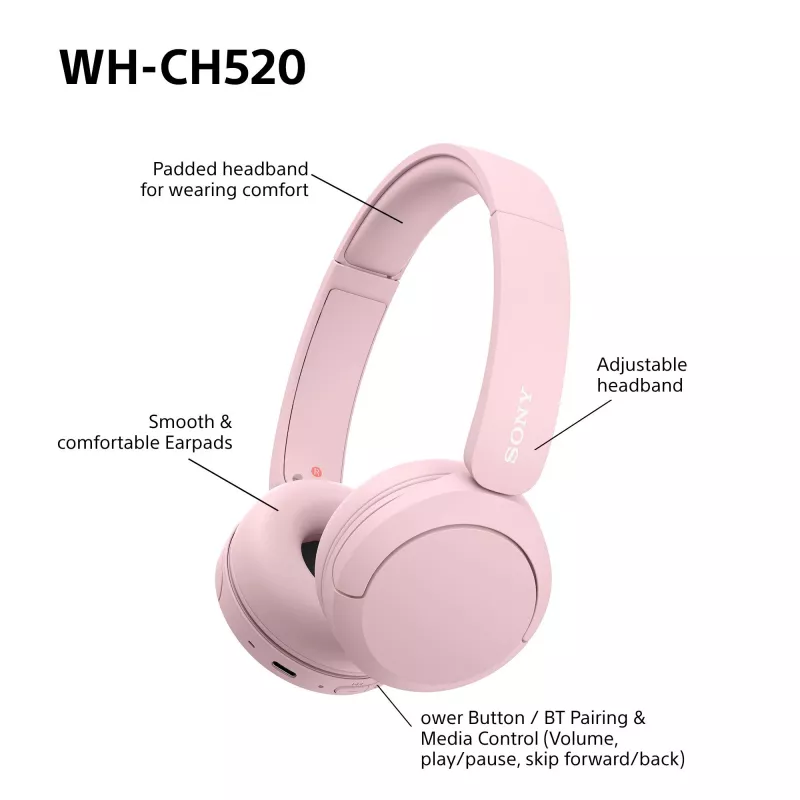 Sony WHCH520P.CE7, draadloos, 20 - 20000 Hz, bellen/muziek, 147 g, headset, roze