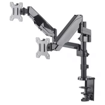 Manhattan dual-desk-mount voor tv & monitors (gasveer met volledige beweging), voor schermen van 10 inch tot 27 inch, klem- of tulemontage, VESA-compatibiliteit: 75x75 en 100x100 mm - controleer de afmetingen van de vier bevestigingsgaten op de achterkant van het scherm om er zeker van te zijn dat het past, max. 8 kg (elk)