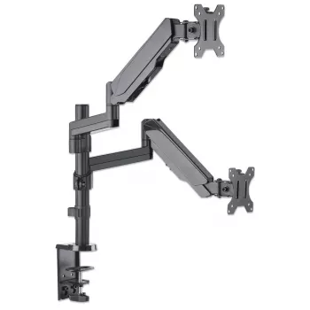 Manhattan dual-desk-mount voor tv & monitors (gasveer met volledige beweging), voor schermen van 10 inch tot 27 inch, klem- of tulemontage, VESA-compatibiliteit: 75x75 en 100x100 mm - controleer de afmetingen van de vier bevestigingsgaten op de achterkant van het scherm om er zeker van te zijn dat het past, max. 8 kg (elk)