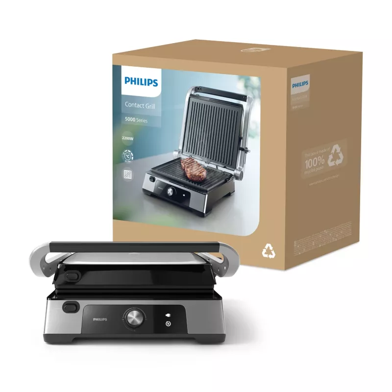 Philips 5000 serie contactgrill, aluminium, rechthoekig, draaibaar, 200 °C, klapdeksel, sluitdeksel, 180°