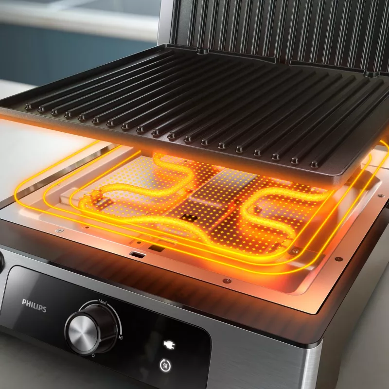 Philips 5000 serie contactgrill, aluminium, rechthoekig, draaibaar, 200 °C, klapdeksel, sluitdeksel, 180°