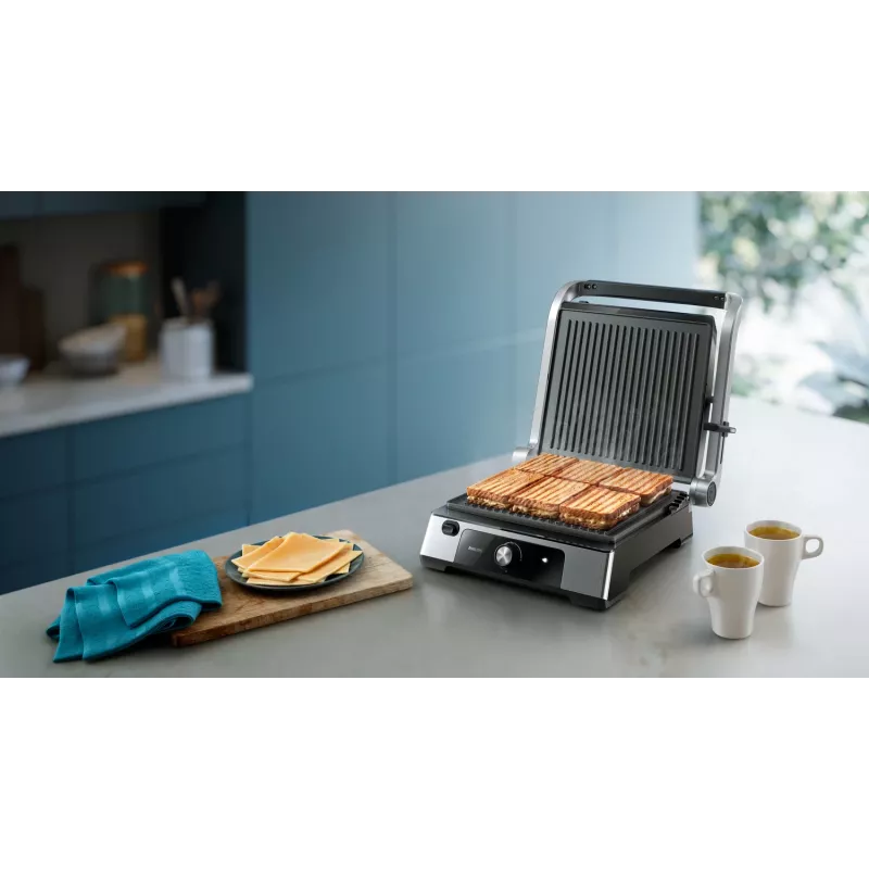 Philips 5000 serie contactgrill, aluminium, rechthoekig, draaibaar, 200 °C, klapdeksel, sluitdeksel, 180°