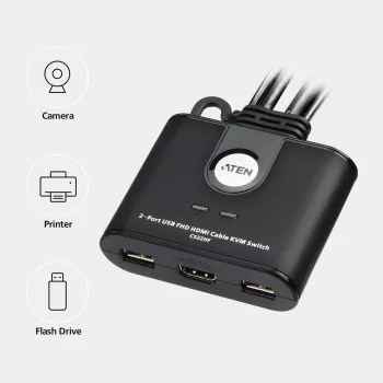 ATEN 2-poorts USB FHD HDMI kabel KVM-switch, 1920 x 1200 pixels, Full HD, 1,518 W, zwart