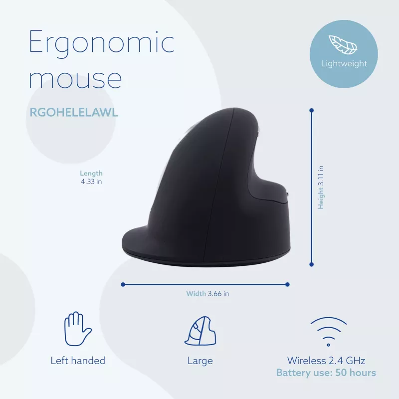 R-Go Tools ergonomische muis R-Go HE Break met pauzesoftware, groot (handmaat ≥ 185 mm), linkshandig, Bluetooth, zwart