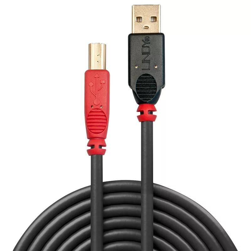 Lindy 10m USB 2.0-actiefkabel Type-A naar B, 10 m, USB A, USB B, USB 2.0, stekker/stekker, zwart, rood