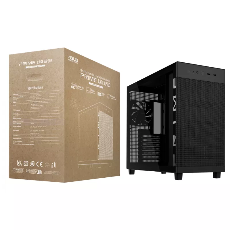 ASUS PRIME AP303 TG 90DC00V0-B39010 pc-behuizing Midi Tower, ATX/Micro-ATX/Mini-ITX, gehard glas, 2x USB 3.2, zonder voeding, zwart