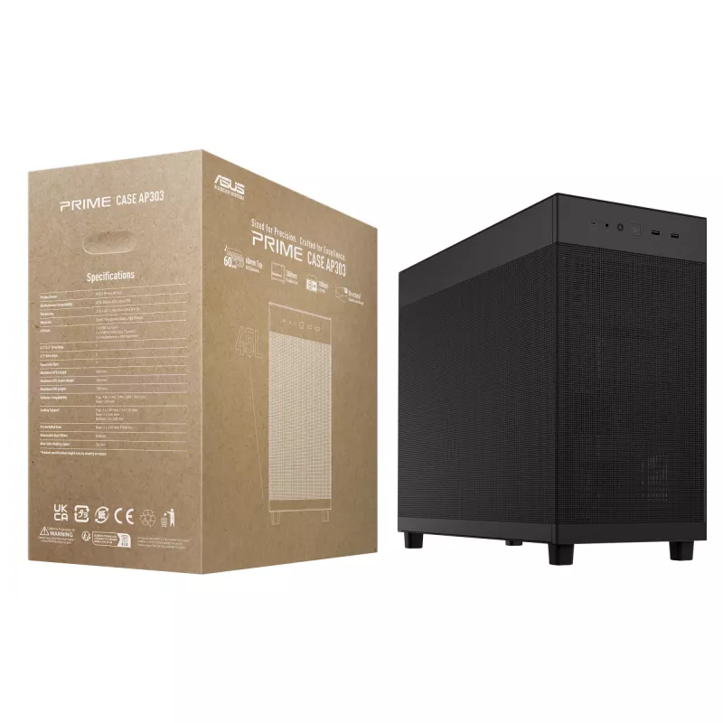 PC-behuizing ASUS Prime AP303 Mesh midi tower — ATX, ondersteunt GPU 36 cm, CPU-koeler 165 mm, USB-A 2×, USB-C 1