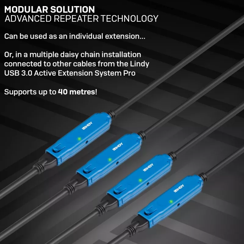 Lindy 15m USB 3.0 Active Extension Pro, 15 m, USB A, USB A, USB 3.2 Gen 1 (3.1 Gen 1), 5 Gbit/s, zwart