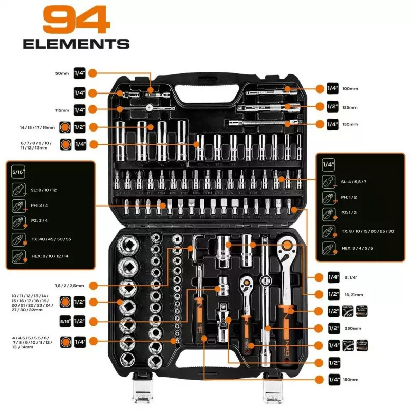Dopsleutelset NEO Tools 10-062, 1/2 inch aandrijving, 10-delig