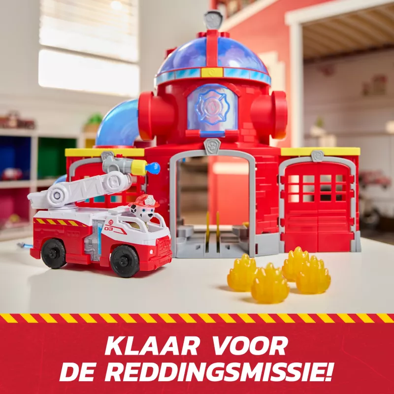PAW Patrol Fire Rescue Command Center met Marshall-figuur, reddingsbrandweerauto, lichten, werper & geluidseffecten, kinderspeelgoed voor jongens en meisjes vanaf 3 jaar