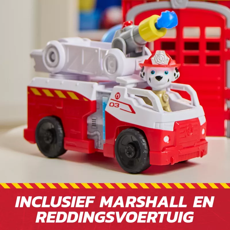 PAW Patrol Fire Rescue Command Center met Marshall-figuur, reddingsbrandweerauto, lichten, werper & geluidseffecten, kinderspeelgoed voor jongens en meisjes vanaf 3 jaar