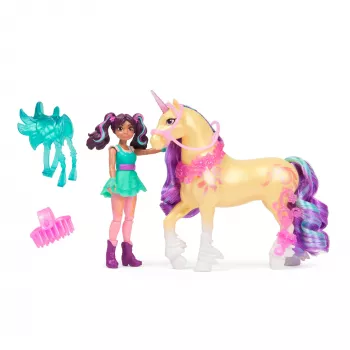 Mini-poppenset Usorteret Unicorn Academy Ava & Leaf Power of Friendship met doorschijnend zadel en 2 accessoires, 168 mm, kunststof
