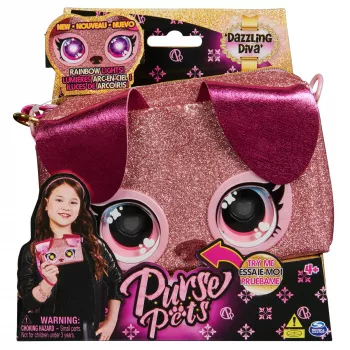 Purse Pets, Keepin’ It Clutch Dazzling Diva hondenspeelgoed en polstasje met oplichtende regenboogogen, speelgoed voor meisjes vanaf 4 jaar