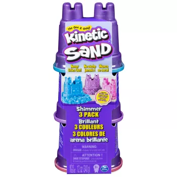 Kinetic Sand, Shimmer Sand 3-pack met vormpjes en 340g, kinetisch zand voor kinderen, 4 jaar, niet-toxisch, kunststof, blauw, roze, paars
