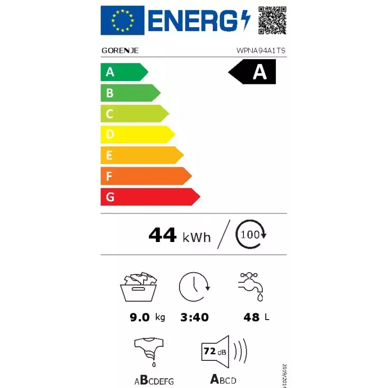 Gorenje WPNA94A1TS frontlader wasmachine 9 kg, 1400 rpm, ConnectLife Wi-Fi, wit/zwart