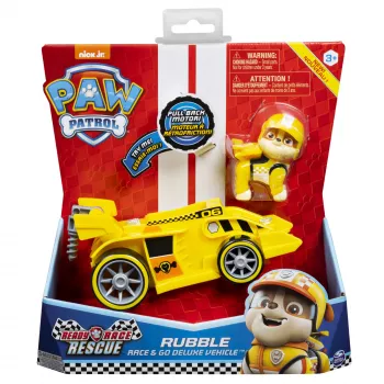 PAW Patrol , Ready, Race, Rescue Rubble’s Race & Go Deluxe voertuig met geluid, voor kinderen vanaf 3 jaar