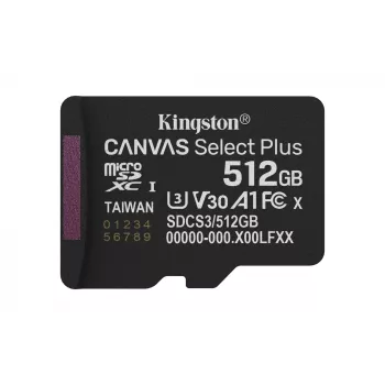 Kingston Technology 512GB micSDXC Canvas Select Plus Gen3 150R A1 single pack w/o ADP