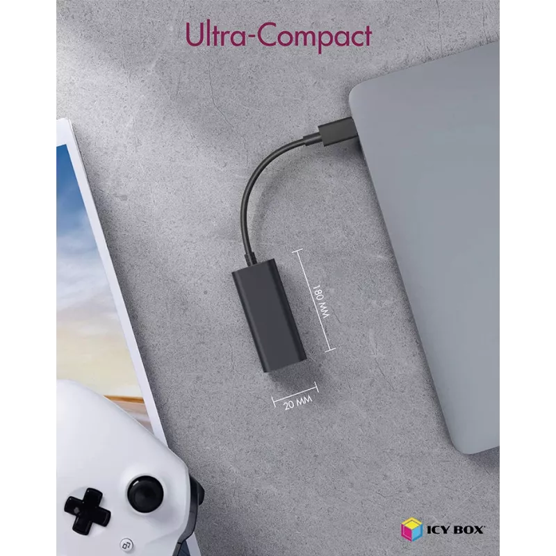 ICY BOX USB 3.0 Type-A naar RJ-45 ethernetpoort, bedraad, USB, ethernet, 1000 Mbit/s, zwart
