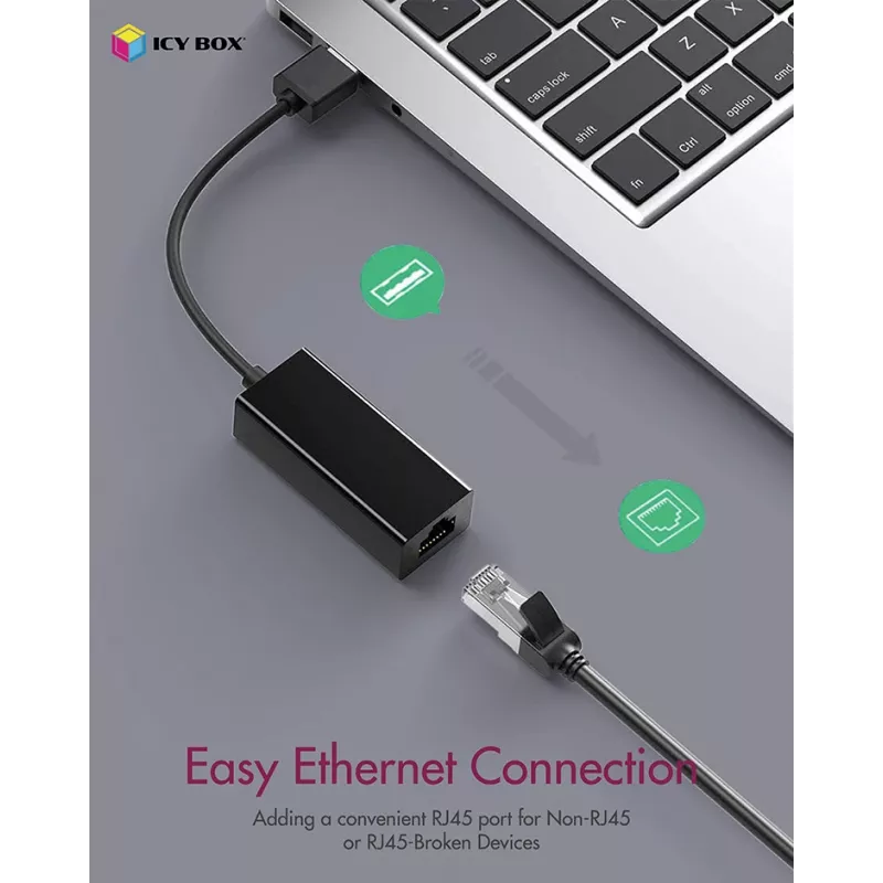 ICY BOX USB 3.0 Type-A naar RJ-45 ethernetpoort, bedraad, USB, ethernet, 1000 Mbit/s, zwart