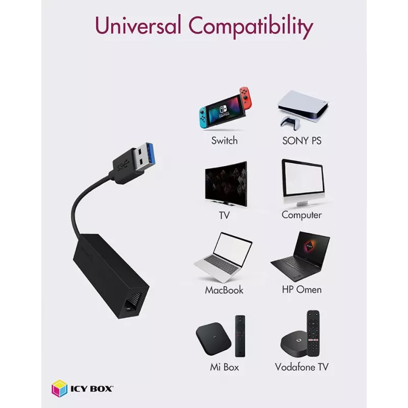 ICY BOX USB 3.0 Type-A naar RJ-45 ethernetpoort, bedraad, USB, ethernet, 1000 Mbit/s, zwart
