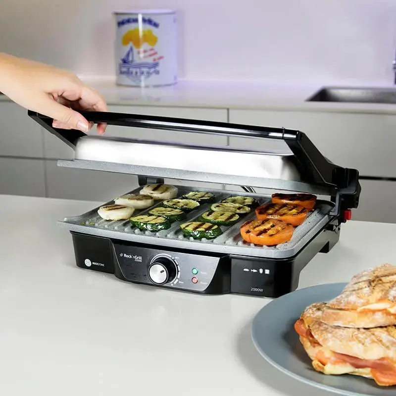 Contactgrill CECOTEC Rock'nGrill 2000 — 2000 W, rechthoekig, zwart/rvs, verstelbare thermostaat, 340×330×130 mm