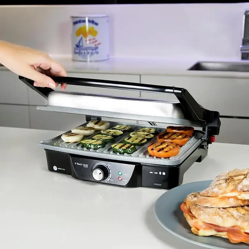 Contactgrill CECOTEC Rock'nGrill 2000 — 2000 W, rechthoekig, zwart/rvs, verstelbare thermostaat, 340×330×130 mm