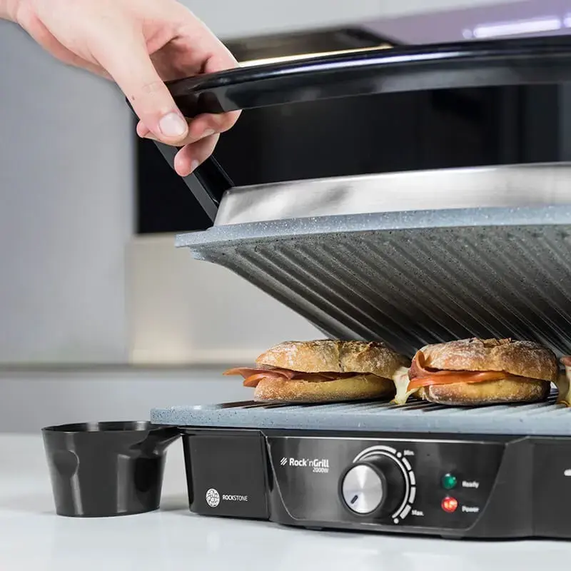 Contactgrill CECOTEC Rock'nGrill 2000 — 2000 W, rechthoekig, zwart/rvs, verstelbare thermostaat, 340×330×130 mm