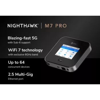 Mobiele router Netgear Nighthawk M7 Pro – tri-band Wi‑Fi 2,4/5/6 GHz, 5G Sub6, LTE, gigabit-ethernet, USB-C, draagbaar, zwart
