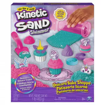 Kinetic Sand Shimmer, eenhoorn-bakkerijspel, 16 oz (shimmer-turquoise en pink neon), 8 eenhoorn-gereedschappen, sensorisch speelgoed voor kinderen vanaf 3 jaar