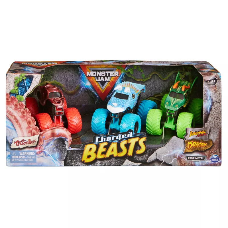 Monster Jam, Charged Beasts set, officieel, Dragon, Octon8er, Jurassic Attack, monstertrucks van spuitgietmetaal schaal 1:64, speelgoed voor jongens en meisjes vanaf 3 jaar