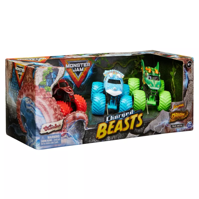 Monster Jam, Charged Beasts set, officieel, Dragon, Octon8er, Jurassic Attack, monstertrucks van spuitgietmetaal schaal 1:64, speelgoed voor jongens en meisjes vanaf 3 jaar