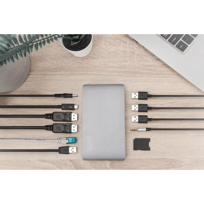 DIGITUS dockingstation USB-C – 2x USB Type-C / 2x USB 3.0 10 Gbit/s / USB 3.0 5 Gbit/s / 2x DP / GbE / Micro-SD / SD / 3,5 mm – 60 W USB Power Delivery