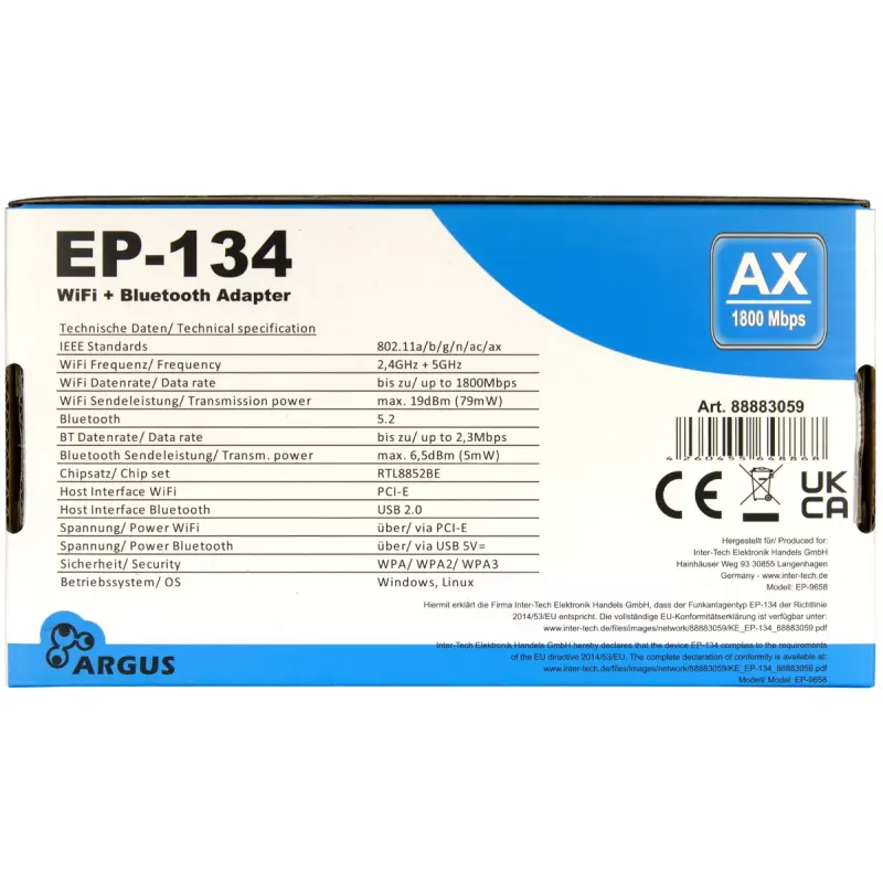 Inter-Tech Argus EP-134 interne WLAN-Bluetooth-adapter, 1800 Mbit/s