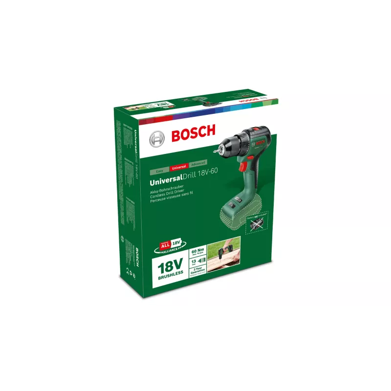 Bosch UniversalDrill 18V-60 accuboor-schroefmachine, 18 V, 60 Nm, 1900 tpm, 2 snelheden, zonder accu, groen/zwart